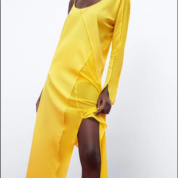 Zara ASYMMETRIC ONE SHOULDER GAUZE DRESS YELLOW NEW - Picture 3 of 10